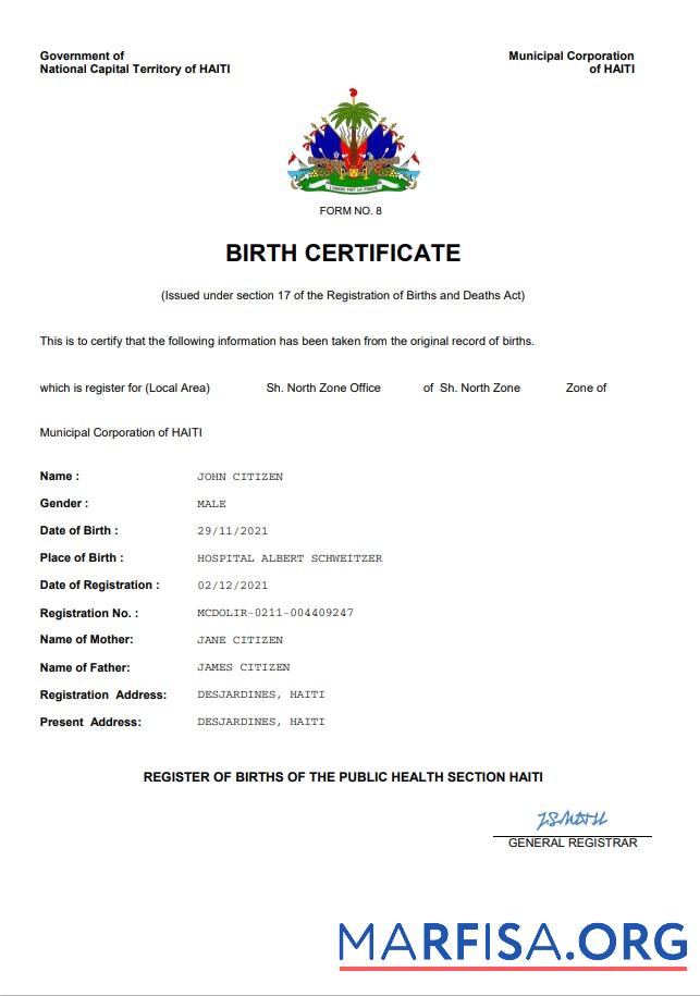 Printable Haiti vital record birth certificate Word and PDF template